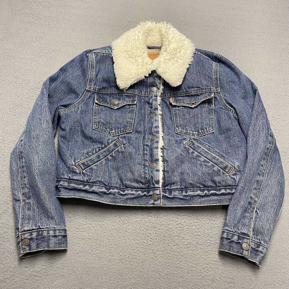 Levis Jacket Womens Large Blue Denim Fur Lined Sherpa Collar Button Pockets
